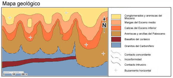 Mapa esquemàtic on es mostren la lozalització de basalts, granits, arenisques i les seves línies de contacte