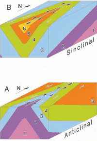 Diagrama que muestra las diferentes partes de un pliego sinclinal y anticlinal